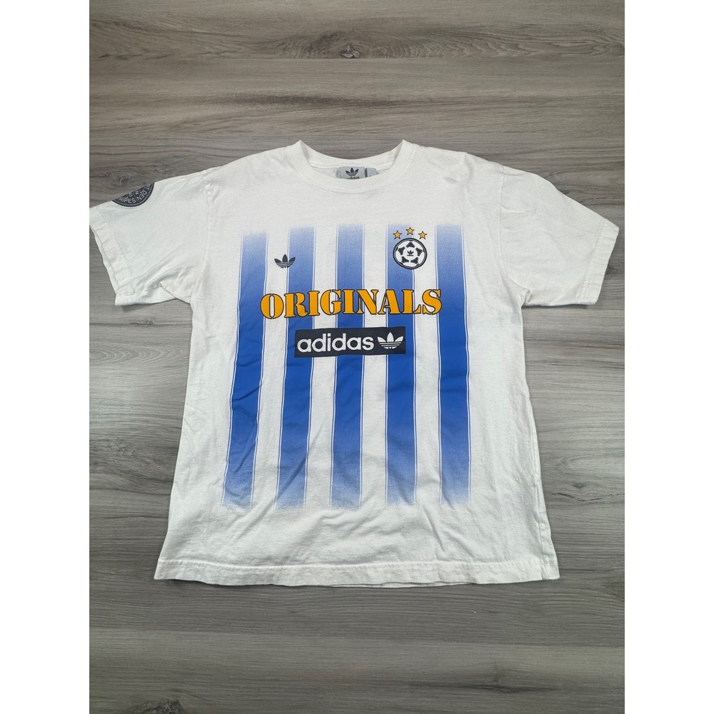Adidas Originals 3 Stripes OG‎ Soccer T-shirt Men Size Medium White Blue Stripe